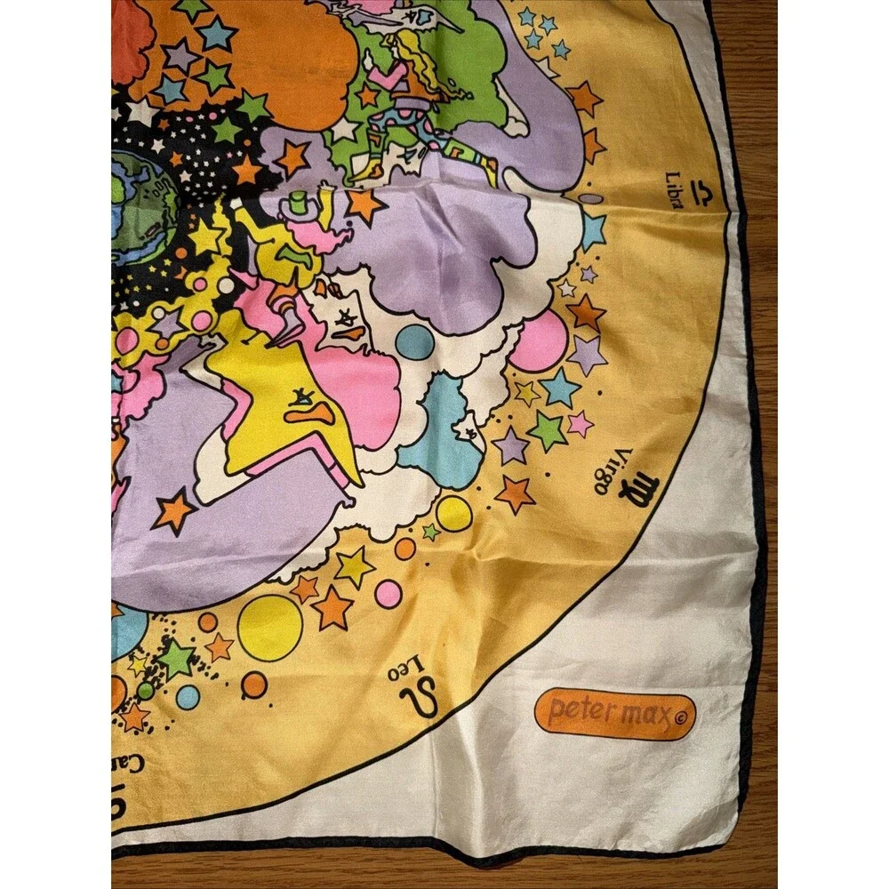 Vtg Peter Max Zodiac Astrology Silk Scarf 21x21” 60s Psychedelic Retro Hippie